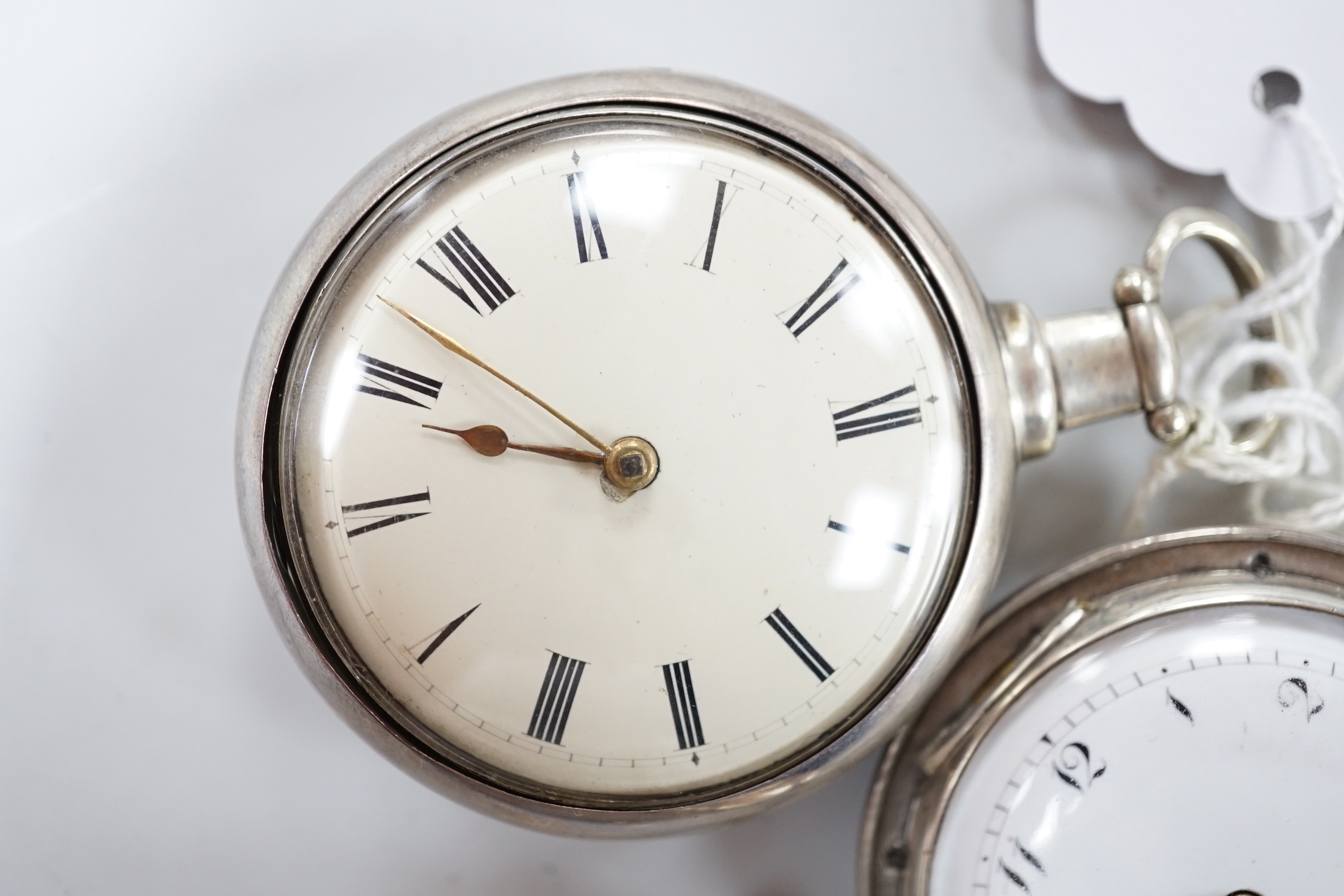 A 19th century silver pair cased kewind verge pocket watch, by Broad of London and a similar hunter pocket watch by Brown of Winchester.